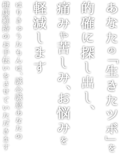 あなたの「生きたツボ」を的確に探し出し、痛みや苦しみ、お悩みを軽減します はりきゅうたもんは、誠心誠意あなたの健康維持のお手伝いをさせていただきます